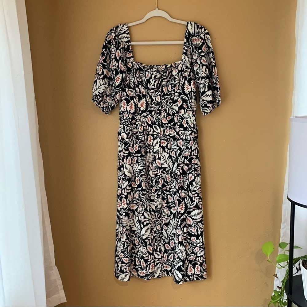 BCBGMAXAZRIA Women's Fit and Flare Puff Elbow Sleeves Button Down Midi Dress
